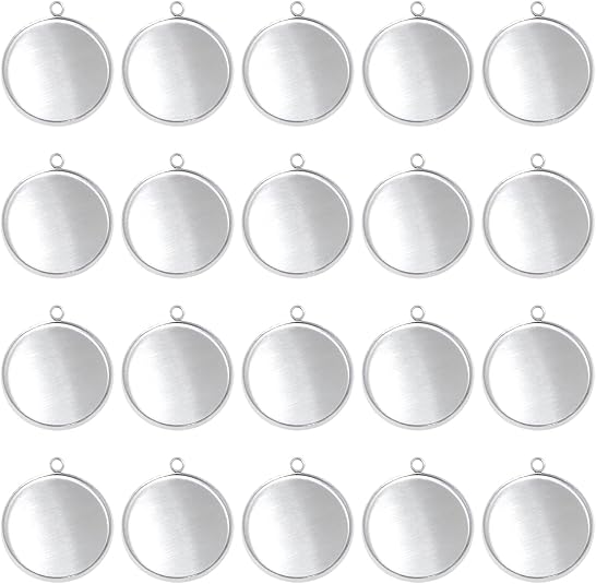 Pendant Blank Bezel - 20個のステンレス鋼ラウンドベゼルブランクペンダントトレイ、イヤリング、ブレスレット、ネックレス、キーホルダー、DIYクラフト、樹脂ガラスカボショ用