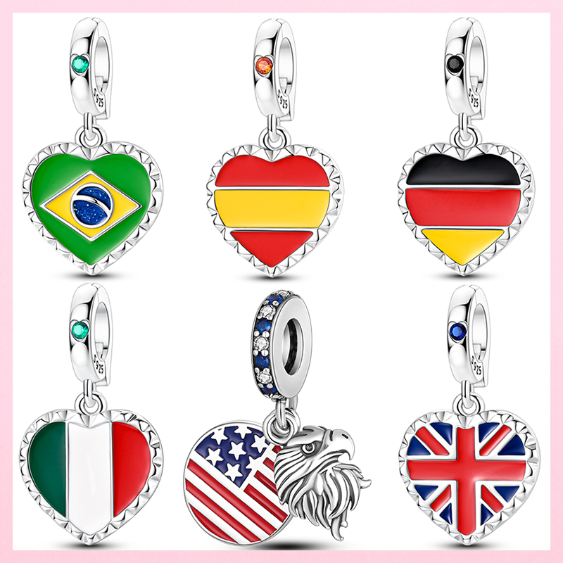 Jewelry Making Uk - 新しい925スターリングシルバー製ハート型フラッグチャーム – スペイン、イギリス、ブラジル、イタリア、ドイツ製。オリジナルの女性用ブレスレットに適合、DIYジュエリー製作に最適。
