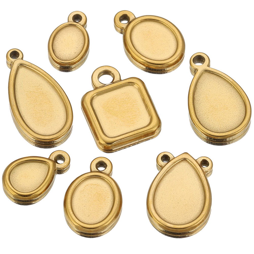 Pendant Blank Bezel - 5個入り ステンレス製 スクエアドロップ ラウンドオーバル ベゼルチャーム ペンダントトレイ