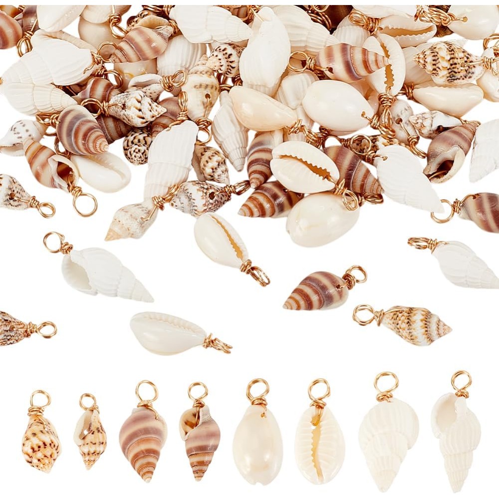 Jewelry Making Beginners - 100 個 4 スタイルナチュラルシェルチャームペンダント貝殻リンクネックレスブレスレットジュエリーメイキング巻貝コネクタキット