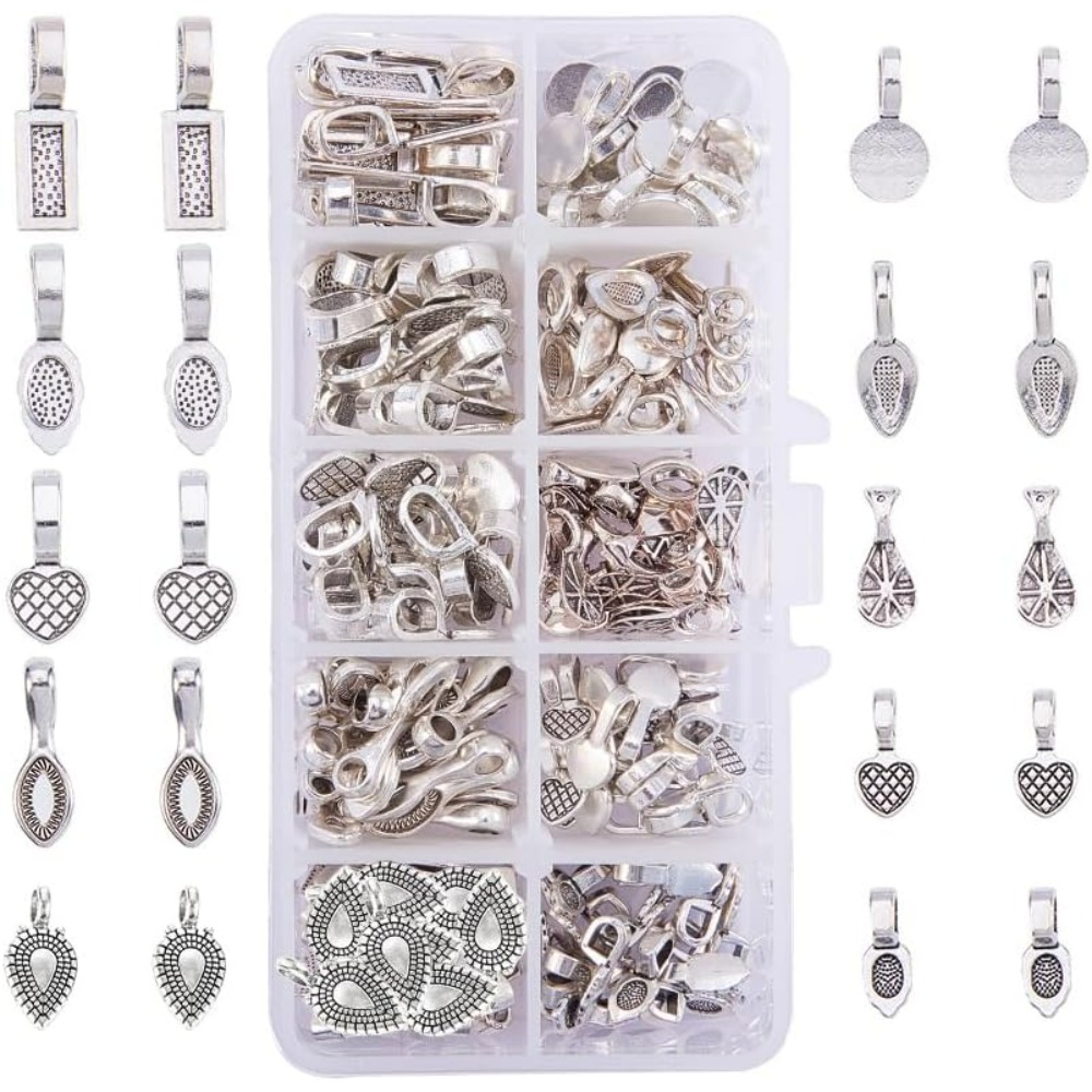 Jewelry Making Silver - チベット銀合金接着剤フラットパッドベイル、イヤリングまたはスクラブル用、ガラスコネクタ、ジュエリー作成キット、10スタイル、200個