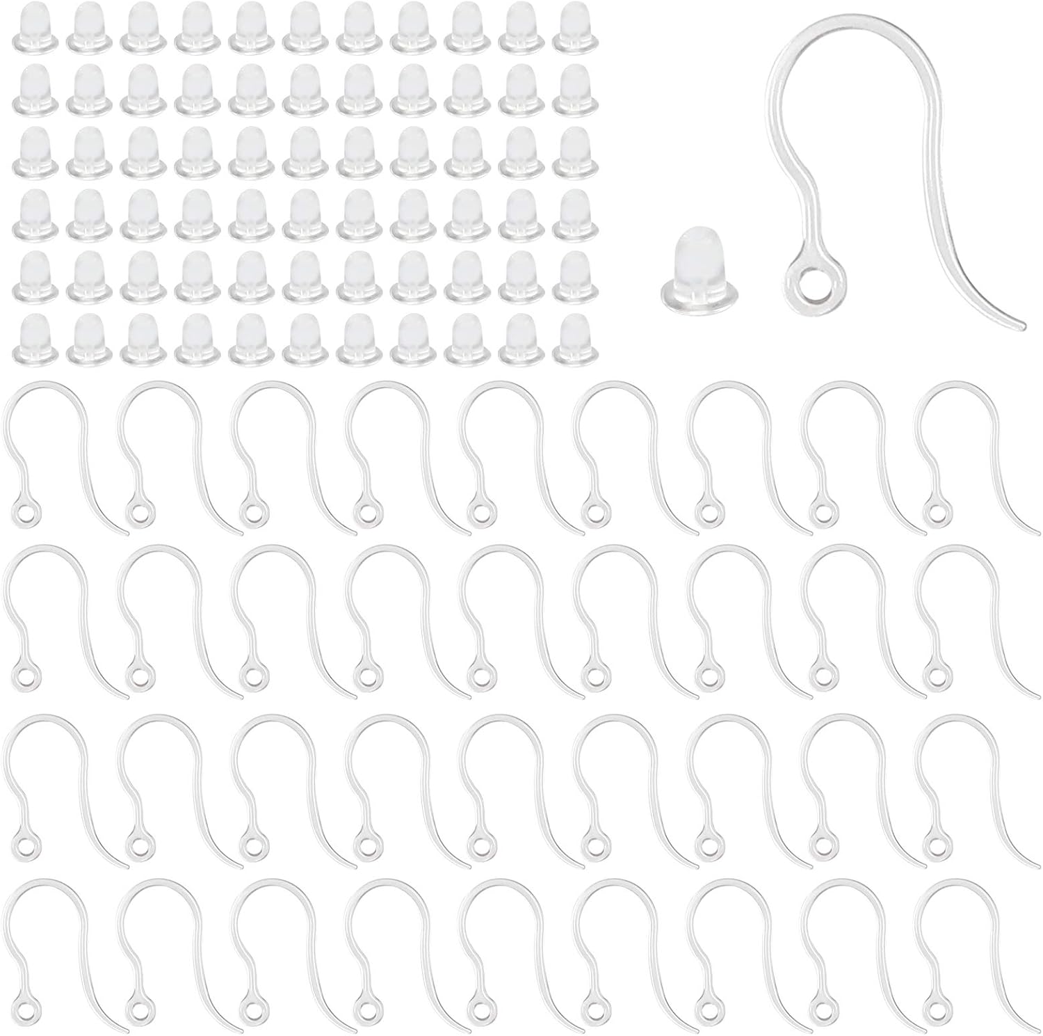 Jewelry Making Hardware - 40個の透明なプラスチック製イヤリングフック、ループ付きイヤーワイヤー、透明なイヤリングストッパー付きフレンチフィッシュフック、DIYジュエリー製作用