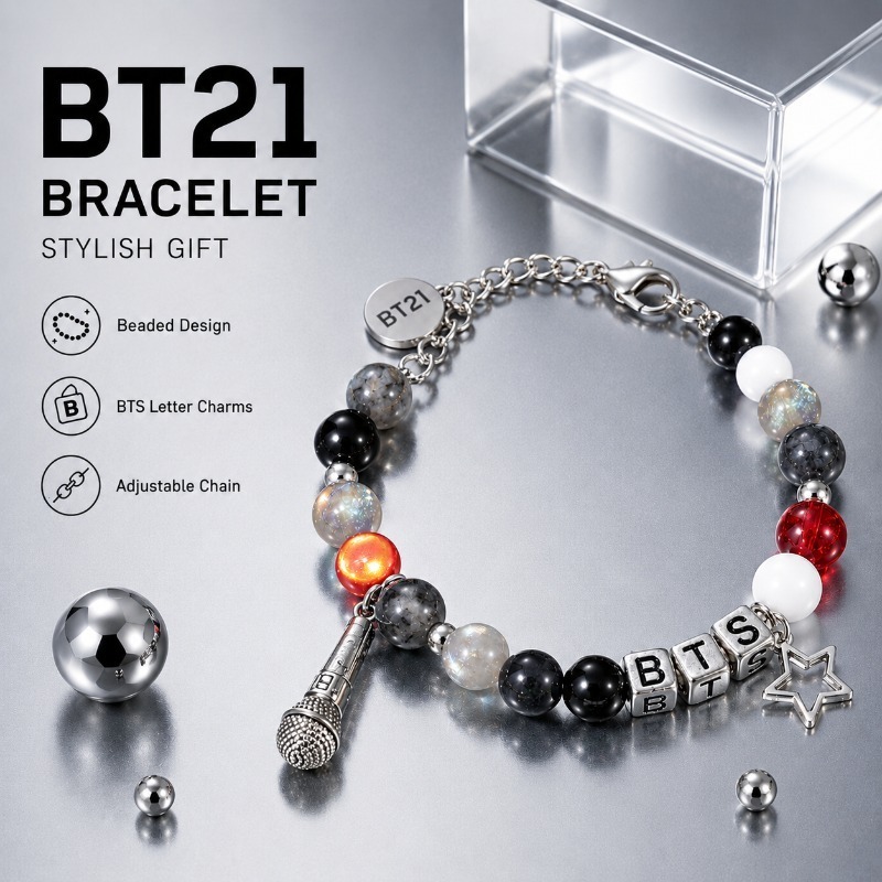 Jewelry Making Accessories - BT21 ブラックレッドビーズブレスレット、ファンサポートグッズ、Kpopファン向けファッションビーズリストバンドジュエリー