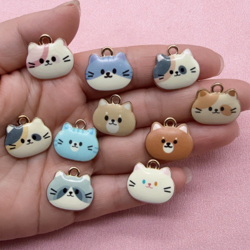 Jewelry Making Party - 12個入りプリント猫ヘッド合金ドリップオイルペンダント、DIYジュエリー製作イヤリング、キーホルダー、アクセサリー